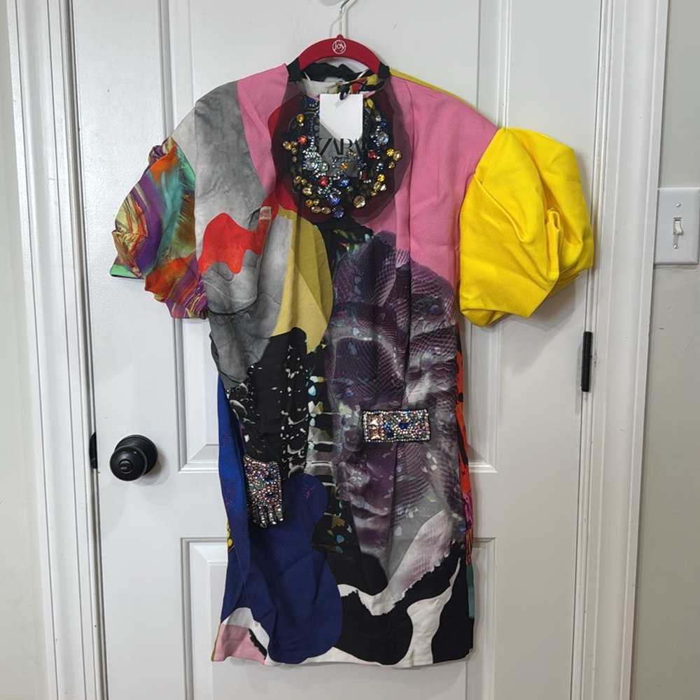 *NEW* ZARA x ATELIER LIMITED EDITION COLORFUL BEJEWELED PUFF SLEEVE DRESS XS - Picture 6 of 16